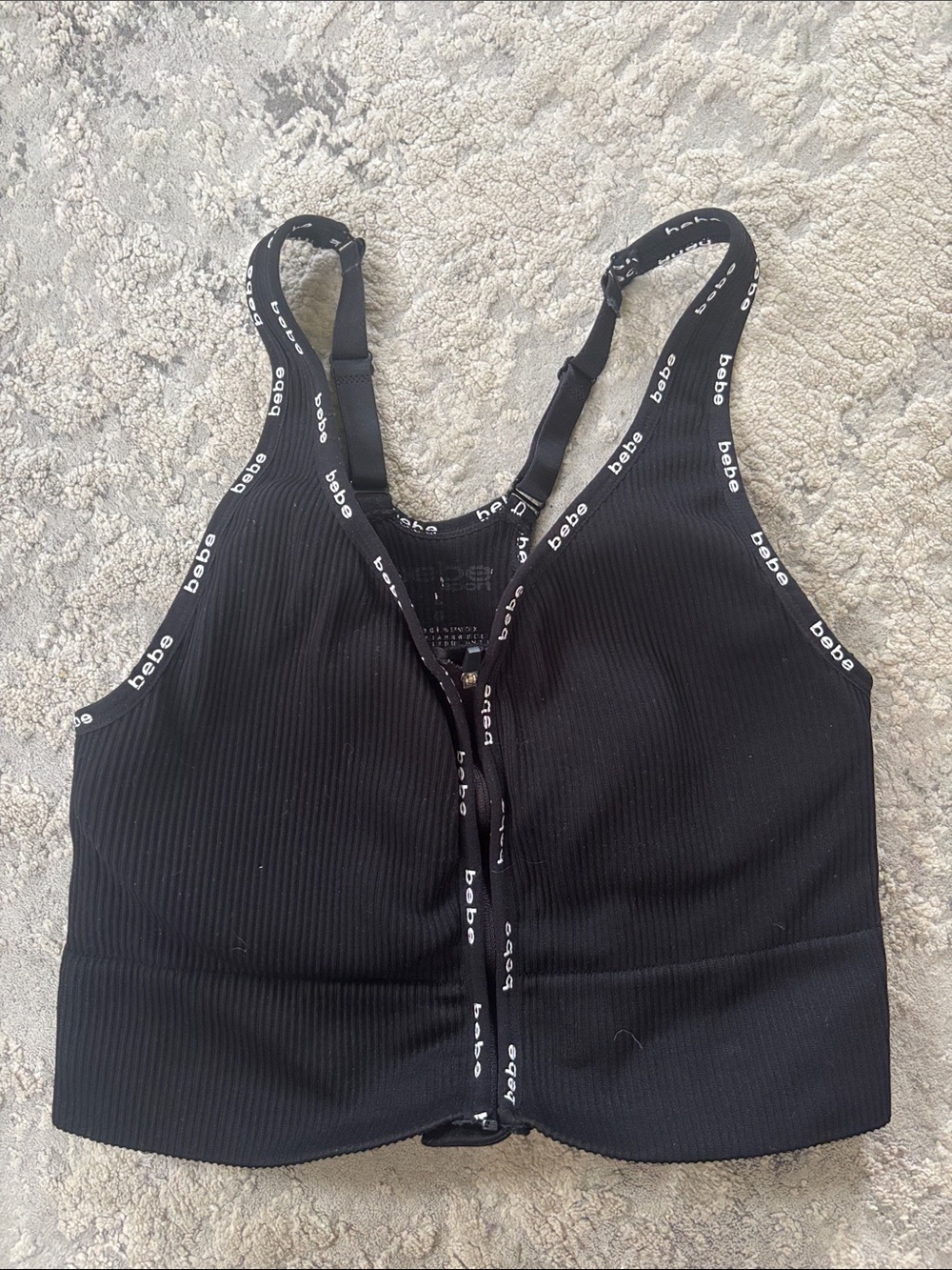 bebe Black Ribbed Front-Zip Bralette with Logo Trim